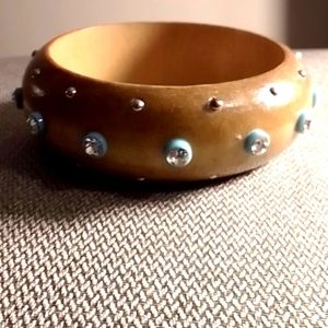 Wooden bracelet gold tone beads light blue embleshments with rhinestone insert